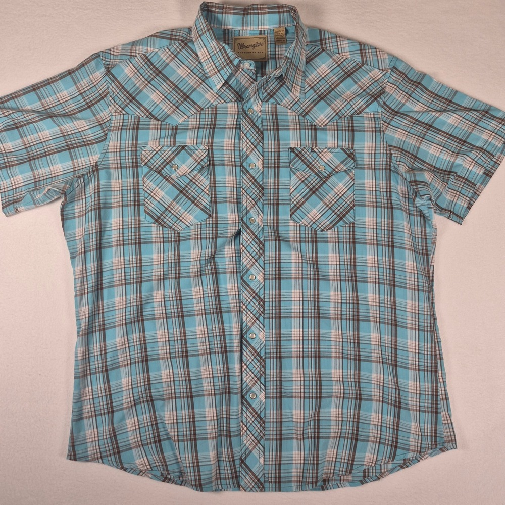 Wrangler Western Shirt Mens XL Turquoise Plaid Pearl Snap Short Sleeve 112349792